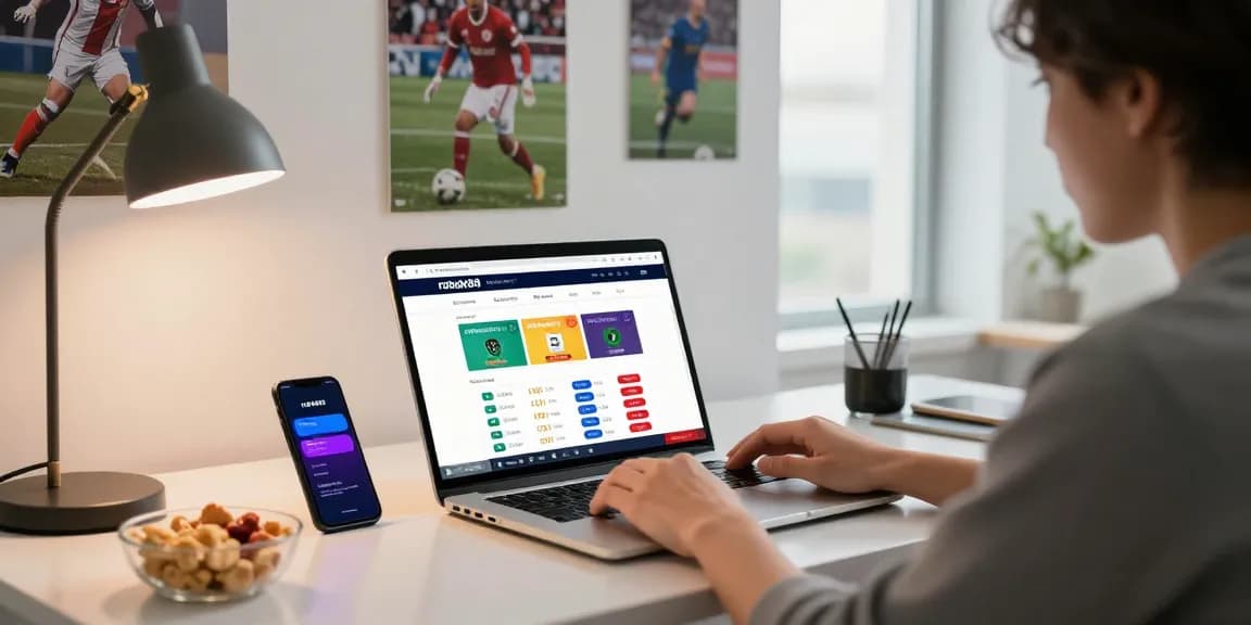 Engaging user with rokok88 link alternatif on a modern sportsbook platform, vibrant betting odds displayed.