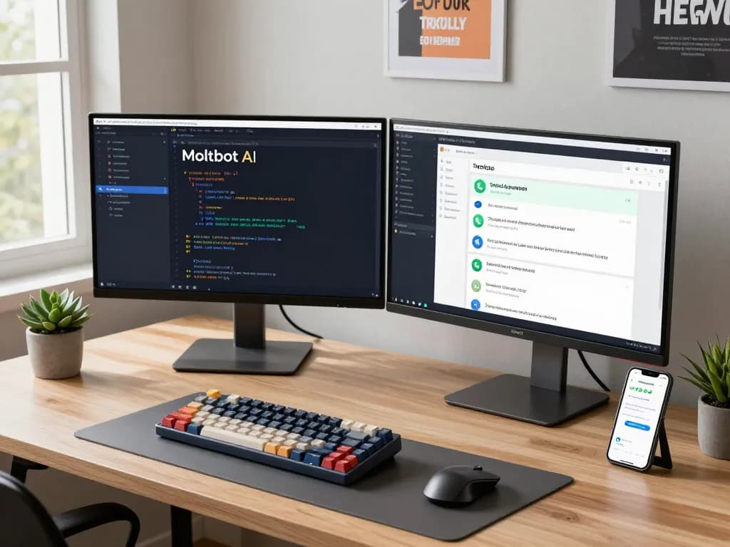 Moltbot AI enhances productivity in a modern developer's workspace.