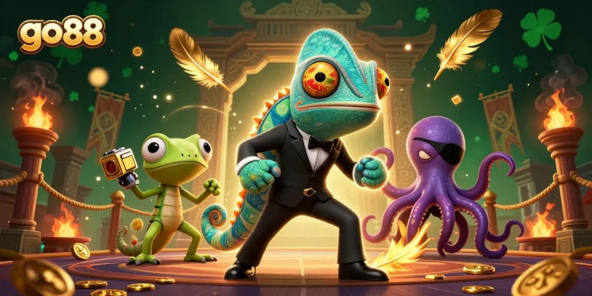 Bet on go 88 with a dynamic scene of colorful characters and casino-themed elements.
