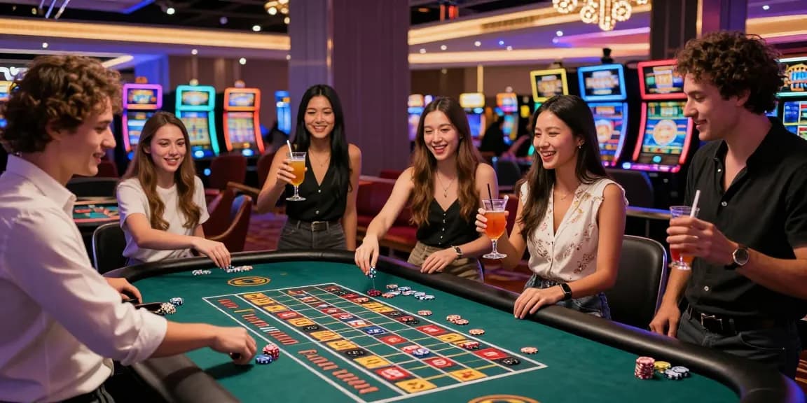 Celebrating friends enjoying rokok88 at a lively casino table.