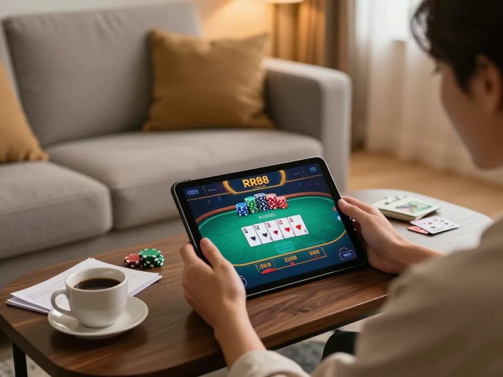 Person enjoying an online gaming experience with RR88 SELECT on tablet and strategy notes.