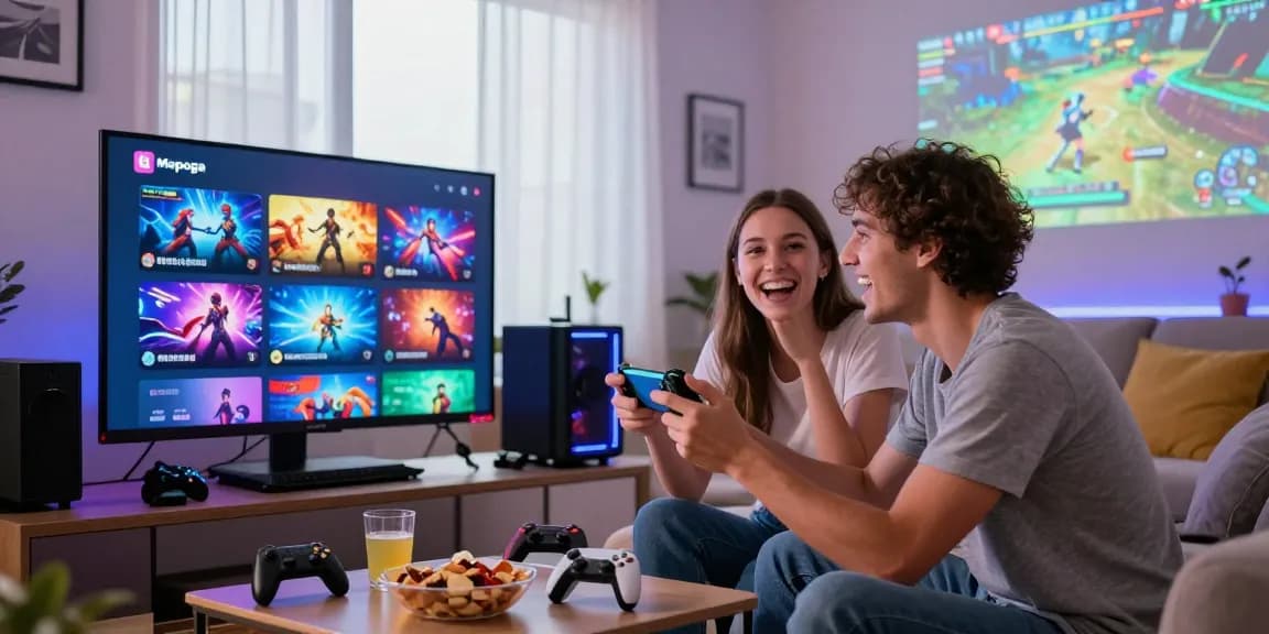 Couple enjoying engaging porngame experience on a cozy device setup, showcasing adult gaming atmosphere.