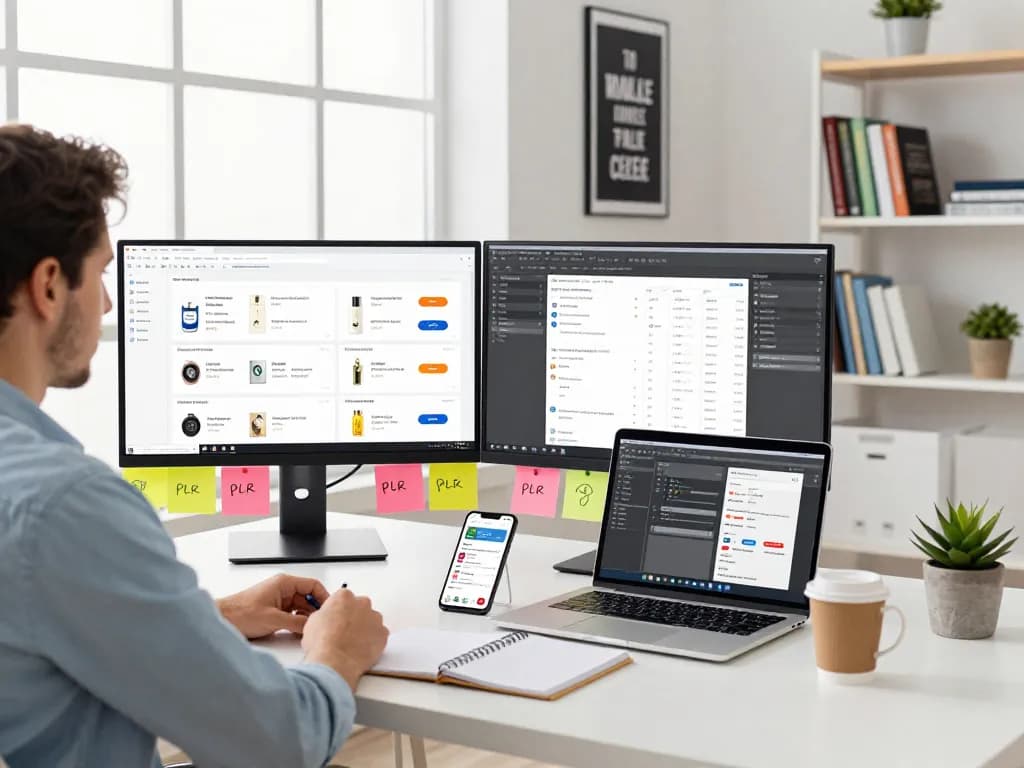 Buy Private Label Rights Products in a dynamic digital marketing workspace, showcasing innovative tools and vibrant surroundings.