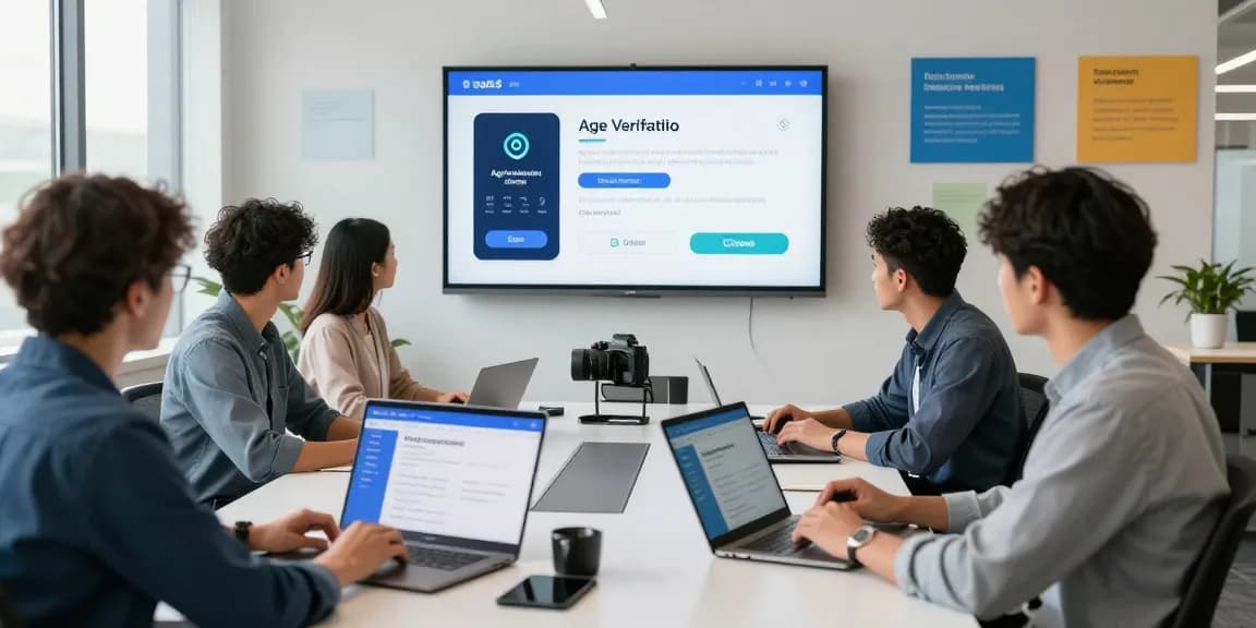 Team discussing an age verification system in a modern tech office with digital displays.
