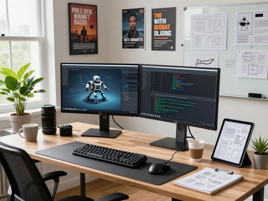 Developer using clawbot in a modern home office with dual monitors and creative tools.