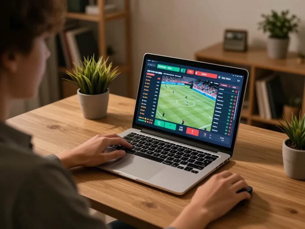 Person placing bets on kim99 com during live sports event from home office.