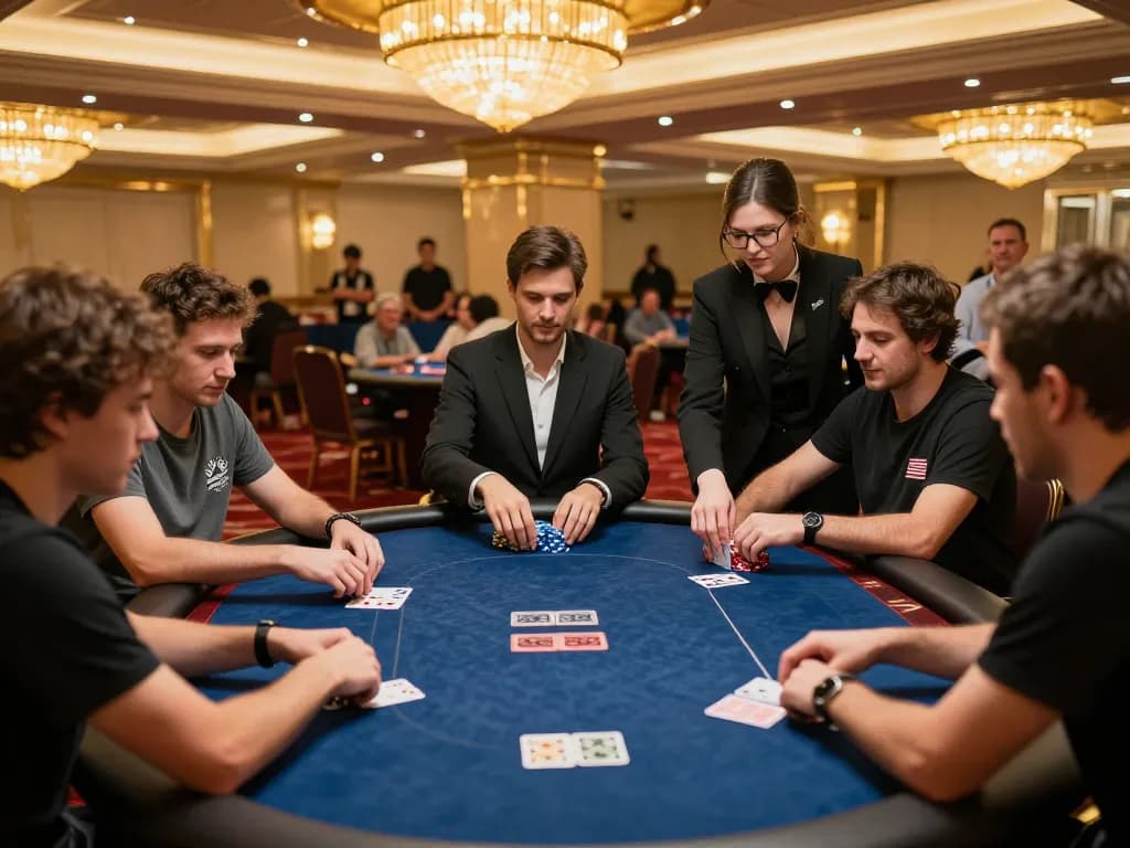 Players strategizing for victory at 888top poker table in luxurious casino setting.