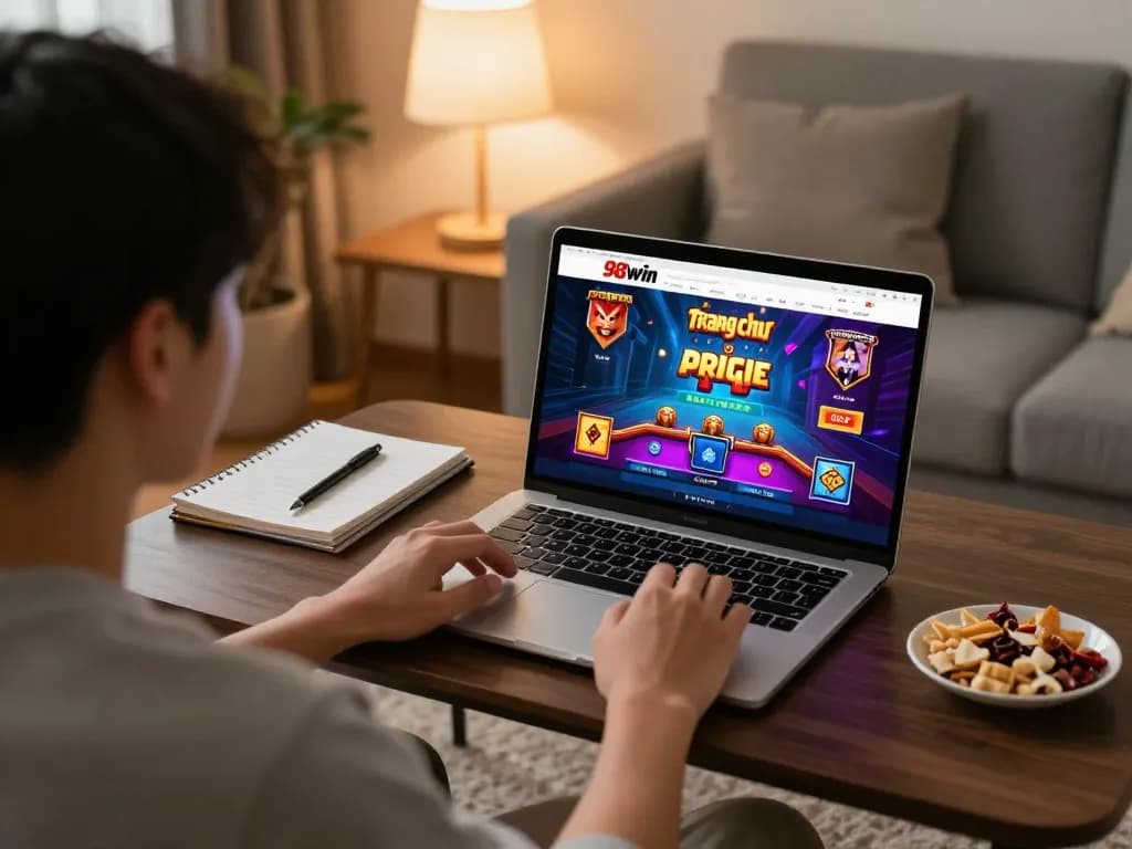 Player enjoying the 98win trang chu online gaming experience with engaging gameplay on a laptop at home.