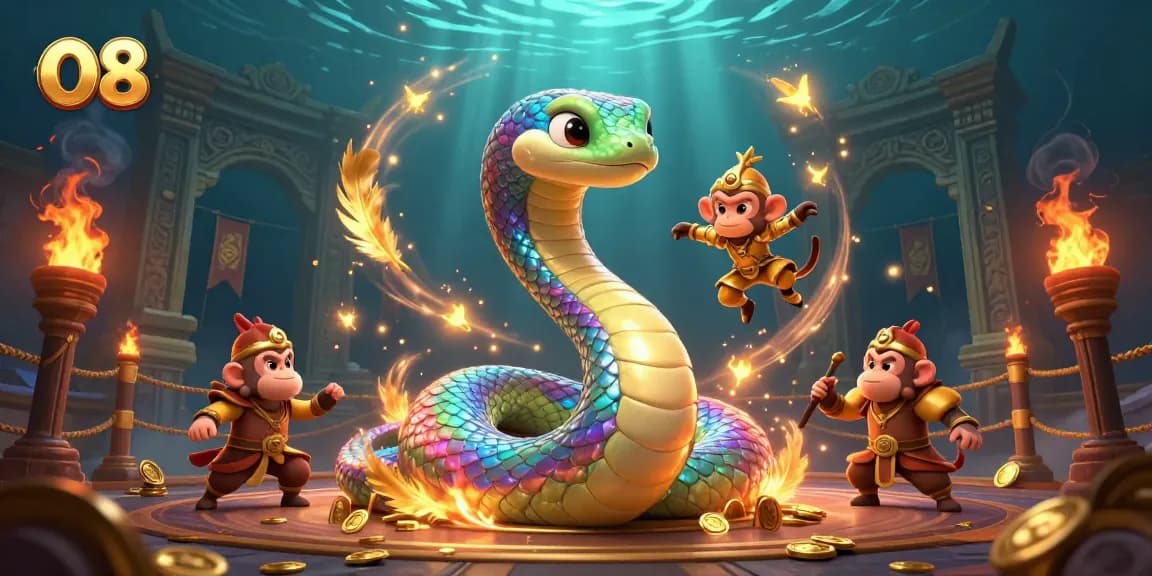 Engaging O8 online gaming scene with a rainbow serpent and monkey king in action.