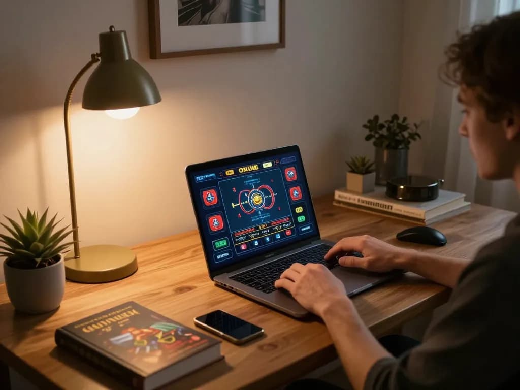 Person strategizing gameplay on 777x atq online casino platform at home, displaying laptop interface