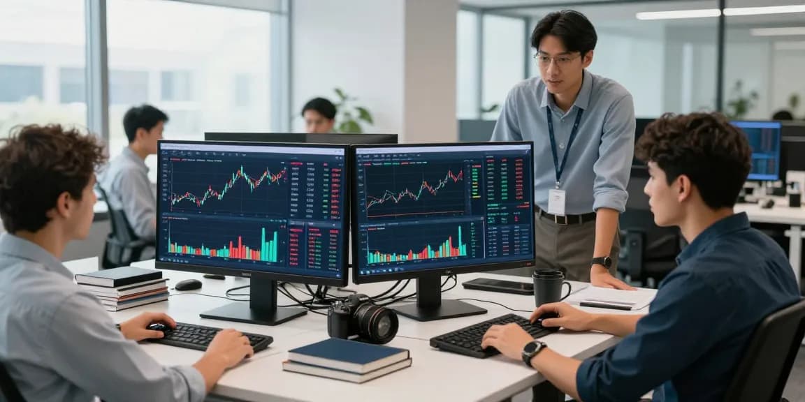 AiCoin用户在现代交易办公室与市场数据互动，展示高效的交易体验。