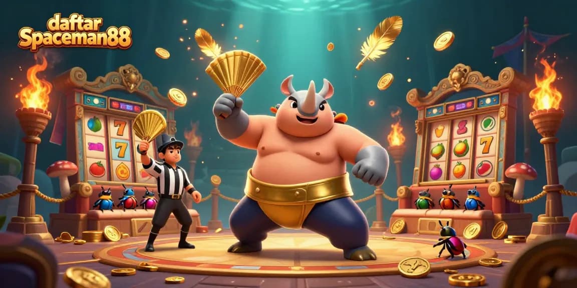 Engaging scene of a sumo beetle champion celebrating as golden coins fly during a fun gaming session at daftar spaceman88.