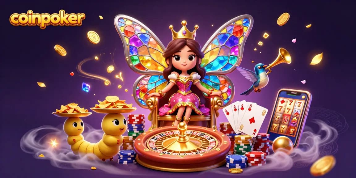 Plongée dans l'univers de CoinPoker avec une reine papillon et des éléments de casino scintillants.