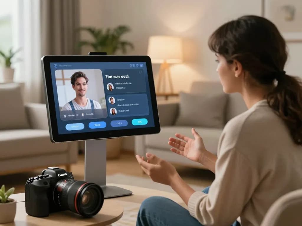 Engaging couple interacting with AI sex assistant in a cozy environment