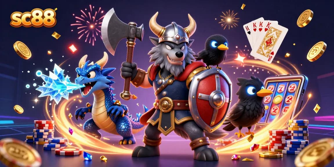 Enhance your sc88 gaming experience with a dynamic Viking scene featuring epic characters and thrilling casino elements.