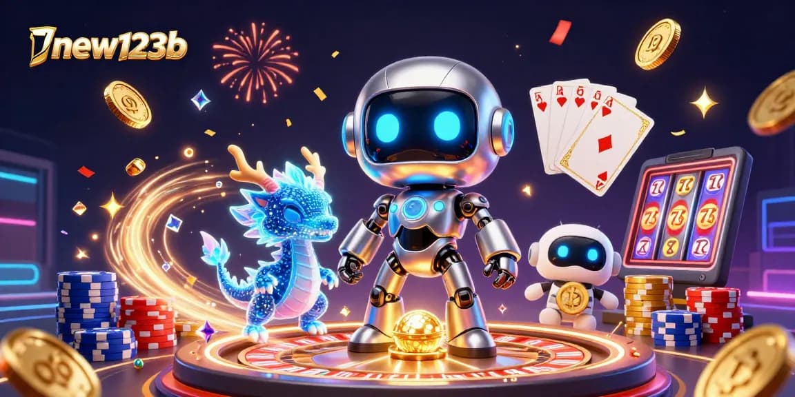 Engage with exciting gaming action at new123b, featuring a dynamic scene with casino elements.
