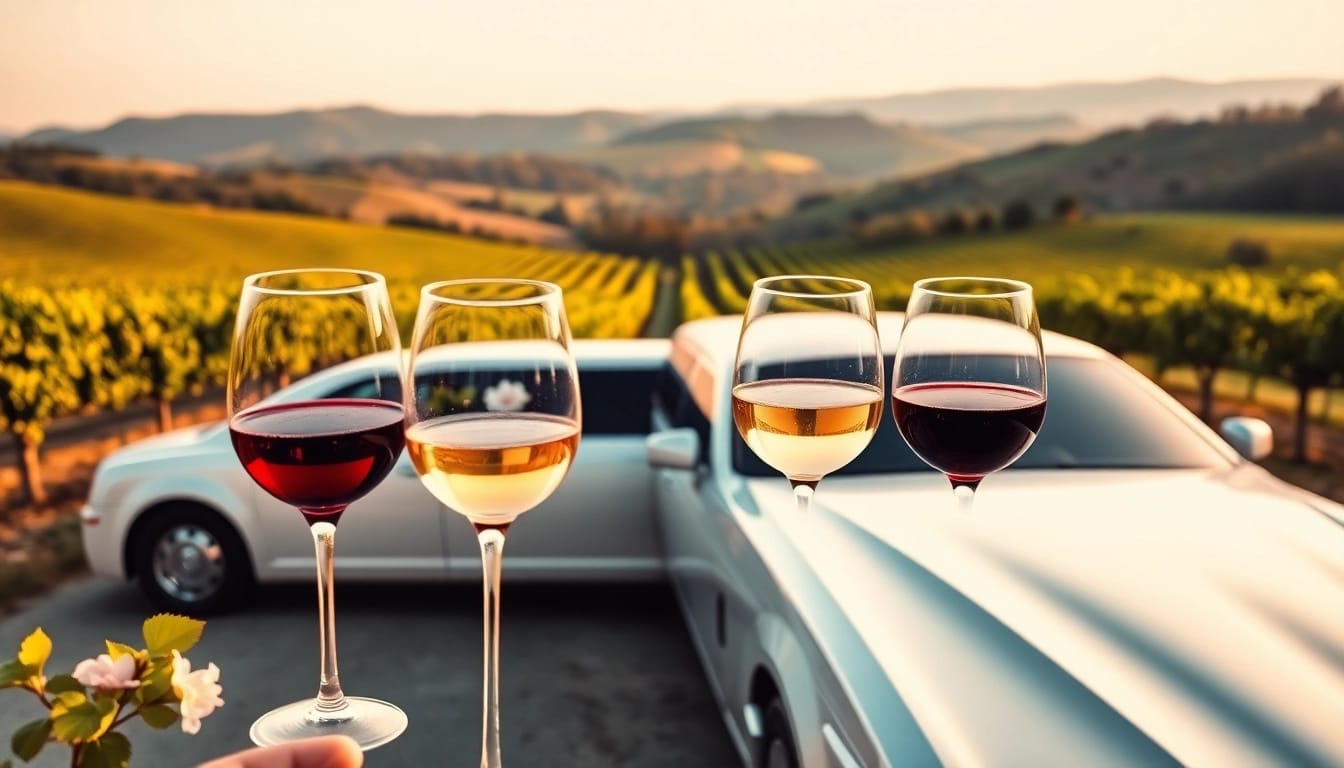Experience a premium winery limo service with a luxurious vehicle parked amid scenic vineyards.