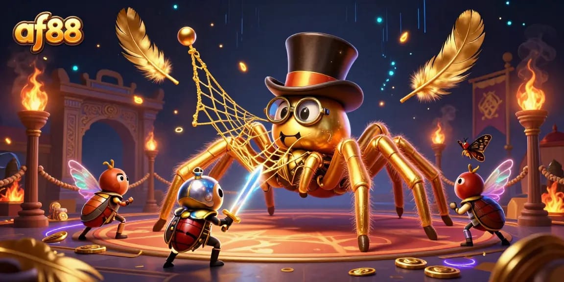 Engage with thrilling games at af88, where a golden tarantula weaves luck among vibrant casino elements.