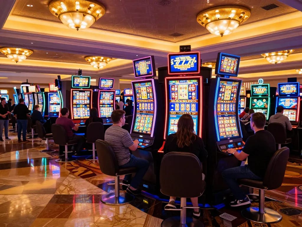 Players enjoying slot77 games on vibrant Las Vegas casino floor with colorful neon lights.