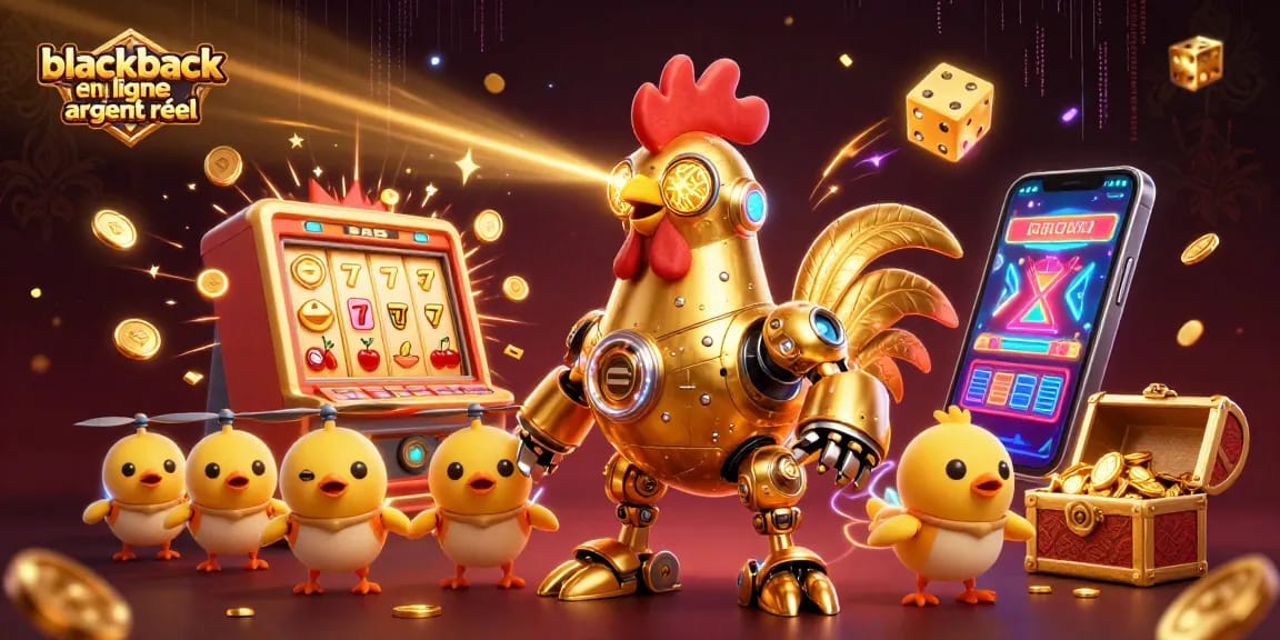 Jouer au blackjack en ligne argent réel sur une illustration dynamique de robot doré et de symboles de casino.