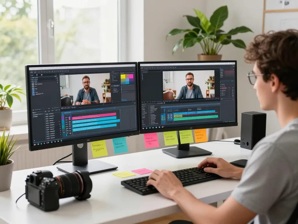 Creator using video to prompt tool on dual monitors in a bright workspace.