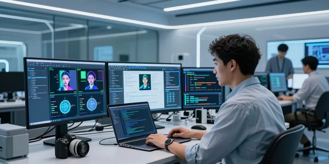 AI image detector results displayed on high-tech screens in a modern lab setting.