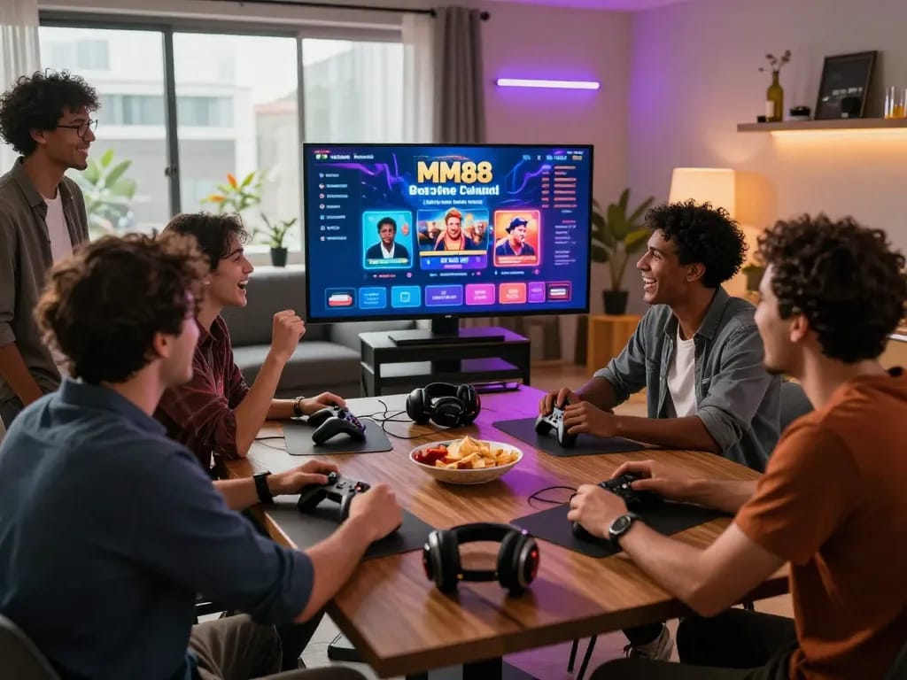 Players enjoying a lively gaming session on the MM88 platform in a modern living room setting, vibrant atmosphere.
