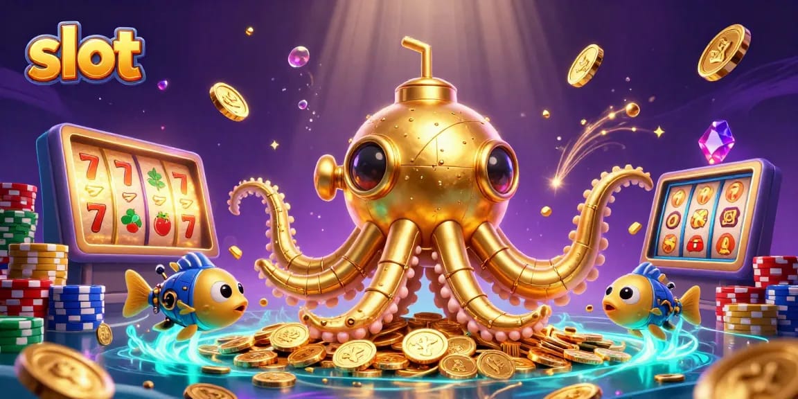 Spin and win exciting slot games with a dazzling kraken submarine and treasure throughout!