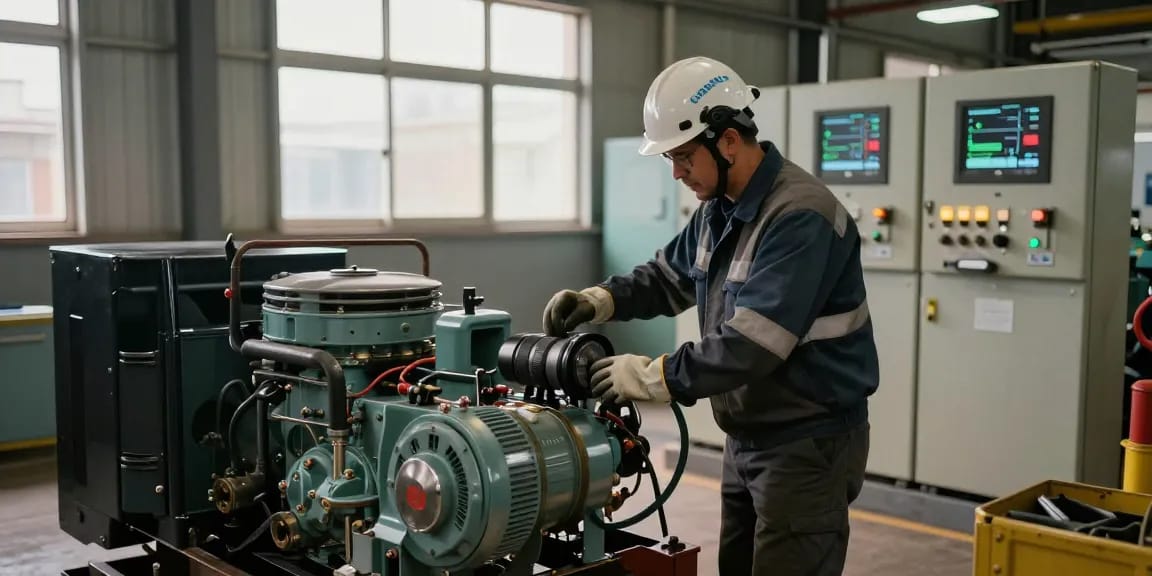 Technician operating diesel generators in an industrial power plant, showcasing reliability and expertise in energy solutions.