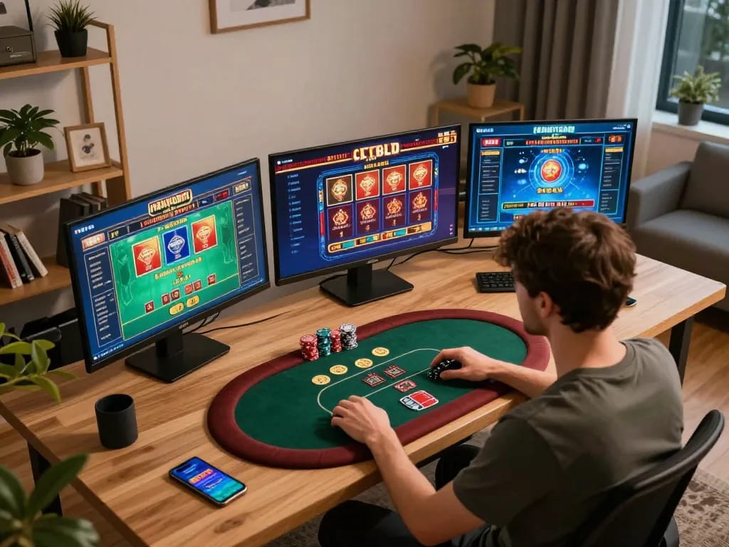 Player strategizing on 92slot's platform, enjoying online poker and slots in a cozy home office.