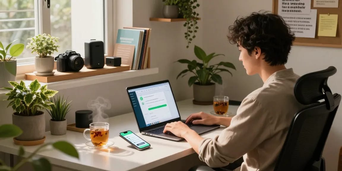 Engaged professional using WhatsApp網頁版 on a laptop in a cozy home office.
