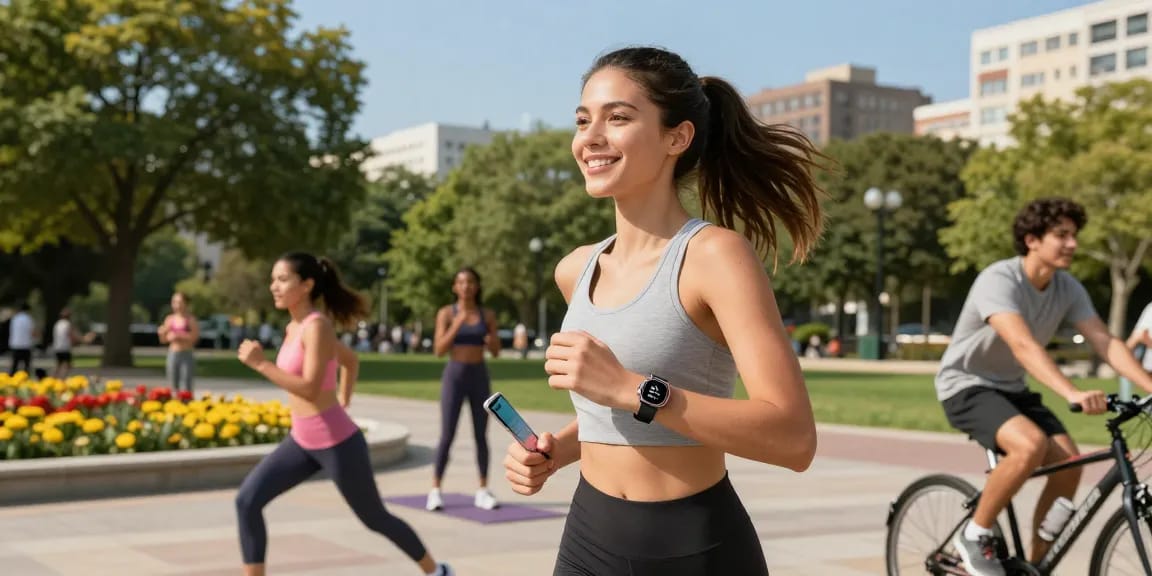 Pengguna Fitbit Luxe dari https://www.polarfitbitshop.com/fitbit-luxe/ berlari di taman kota dengan gaya hidup sehat dan aktif.