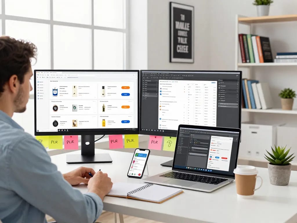 Buy Private Label Rights Products in a dynamic digital marketing workspace, showcasing innovative tools and vibrant surroundings.