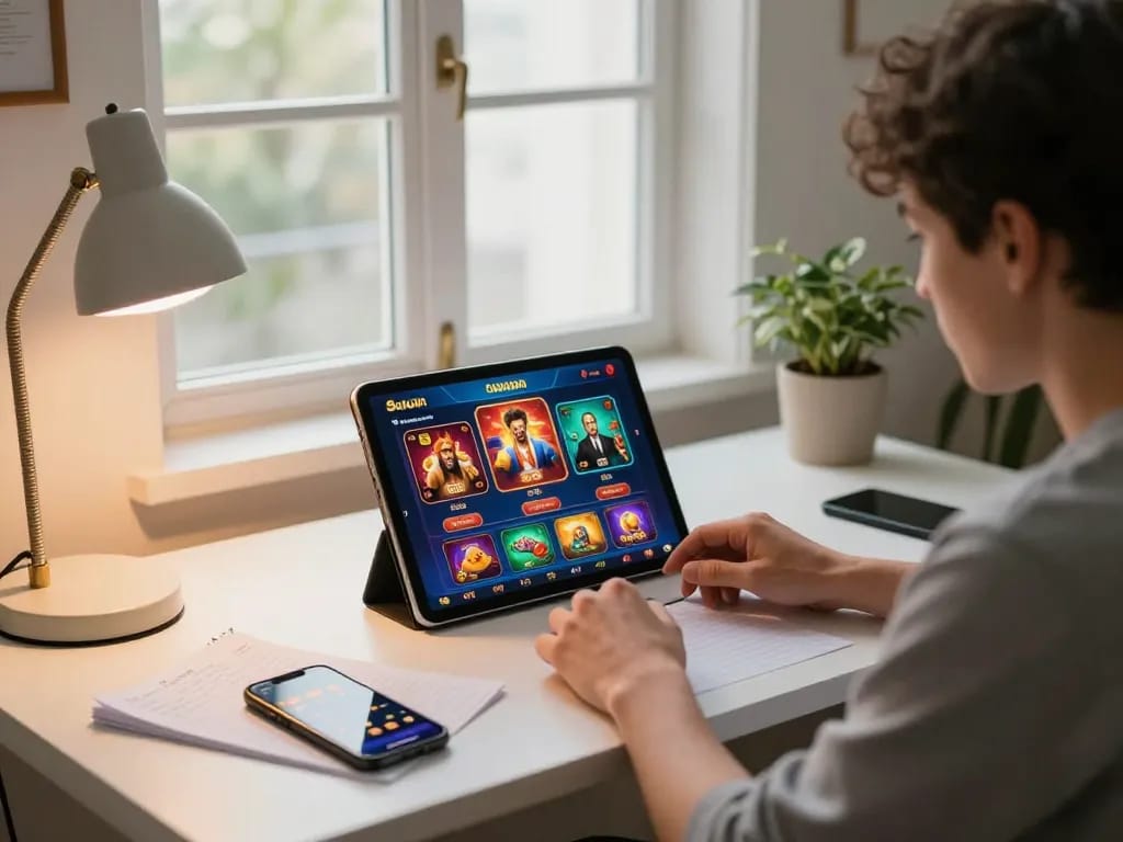 Player engaging on Sunwin online casino on tablet during a cozy home gaming session.