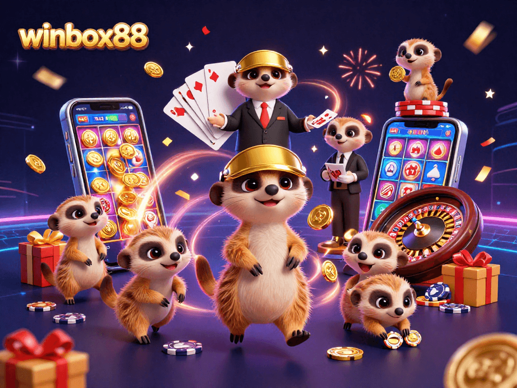 Winbox88 showcases a vibrant meerkat casino scene filled with slots, confetti, and excitement.