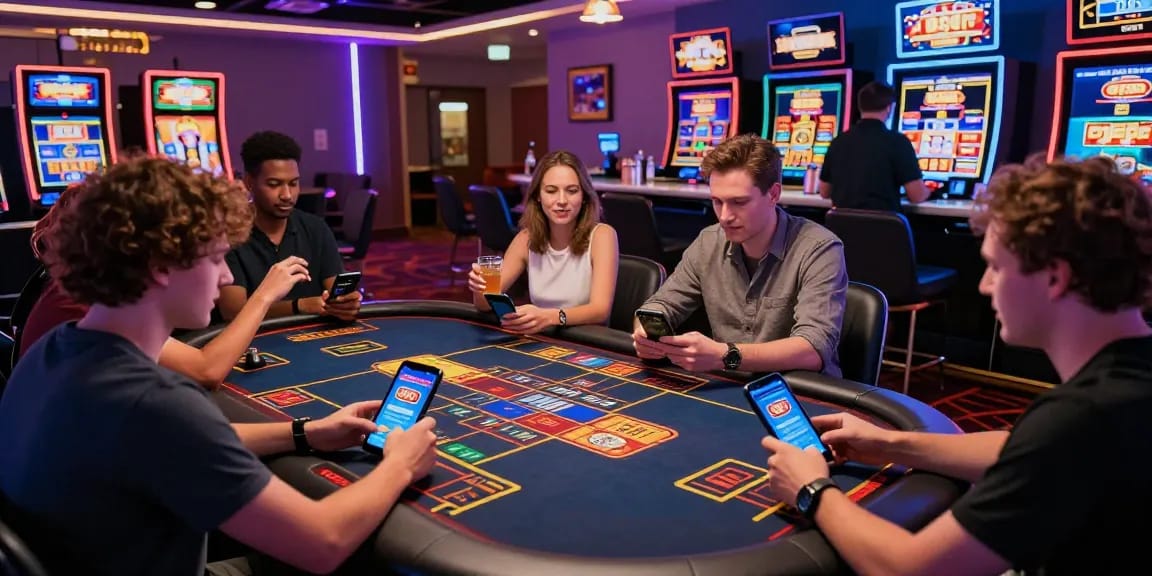 Spieler, die an einem Paysafe Card Casino Erlebnis teilnehmen, nutzen mobile Geräte an lebhaften Spieltischen, voller Aufregung und bunten Spielautomaten.