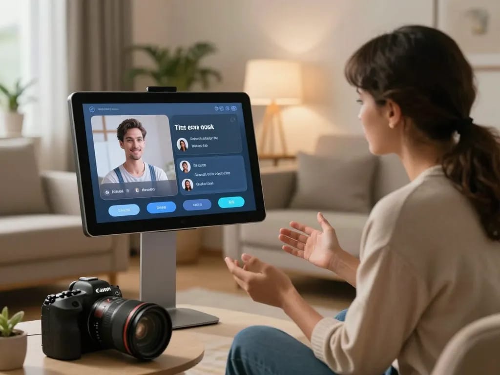 Engaging couple interacting with AI sex assistant in a cozy environment