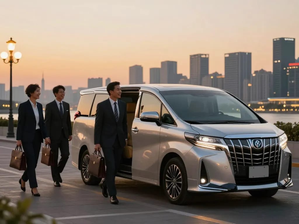 cho thuê xe Alphard cùng với các chuyên gia đến phong cách tại bối cảnh đường chân trời thành phố trong ánh hoàng hôn