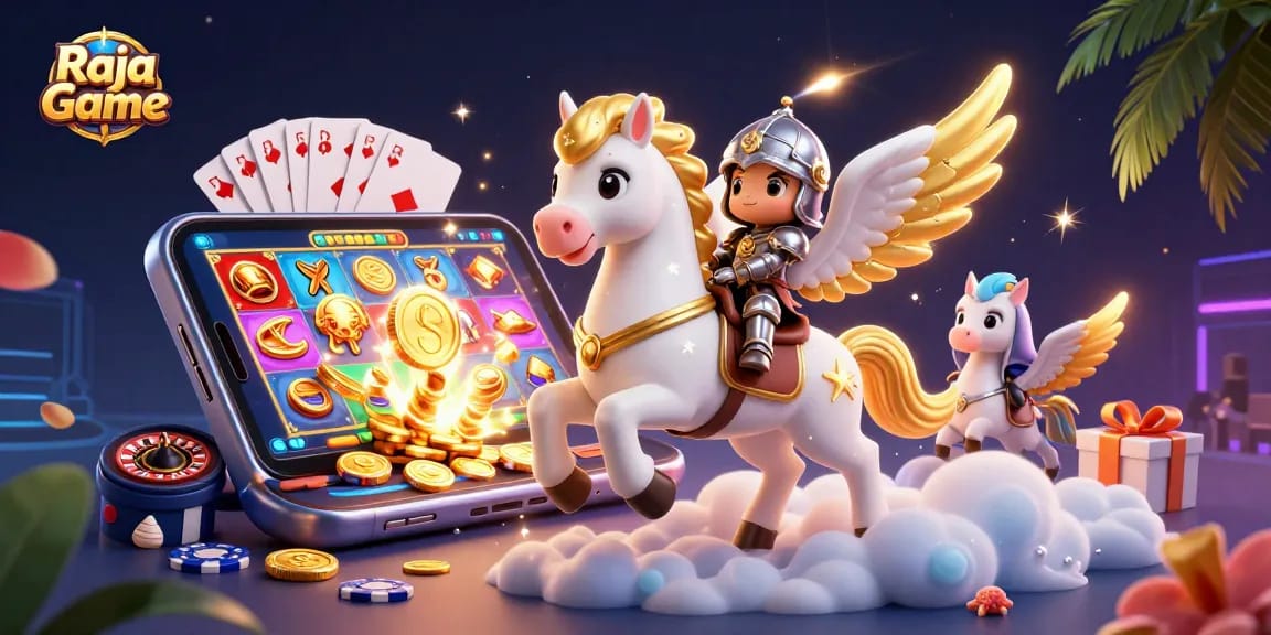 Play exciting games on Raja Game with a whimsical horse and knight illustration amidst casino elements.