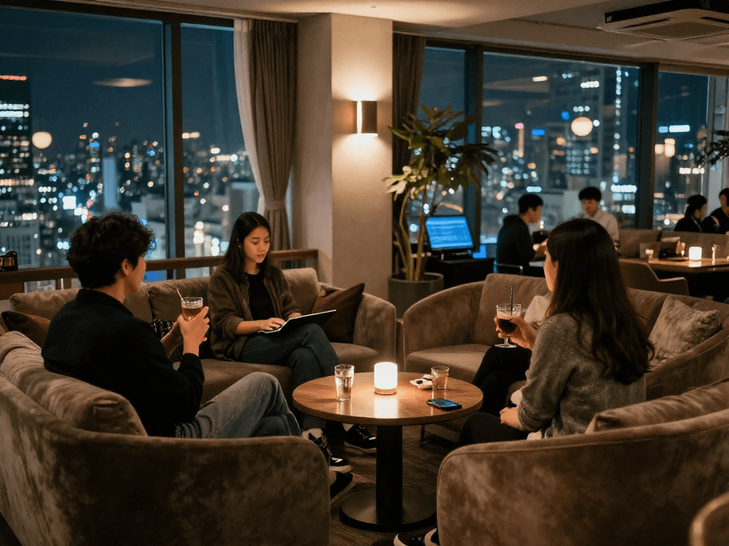 강남쩜오의 아늑한 사교 공간에서 친구들과 음료를 즐기는 모습