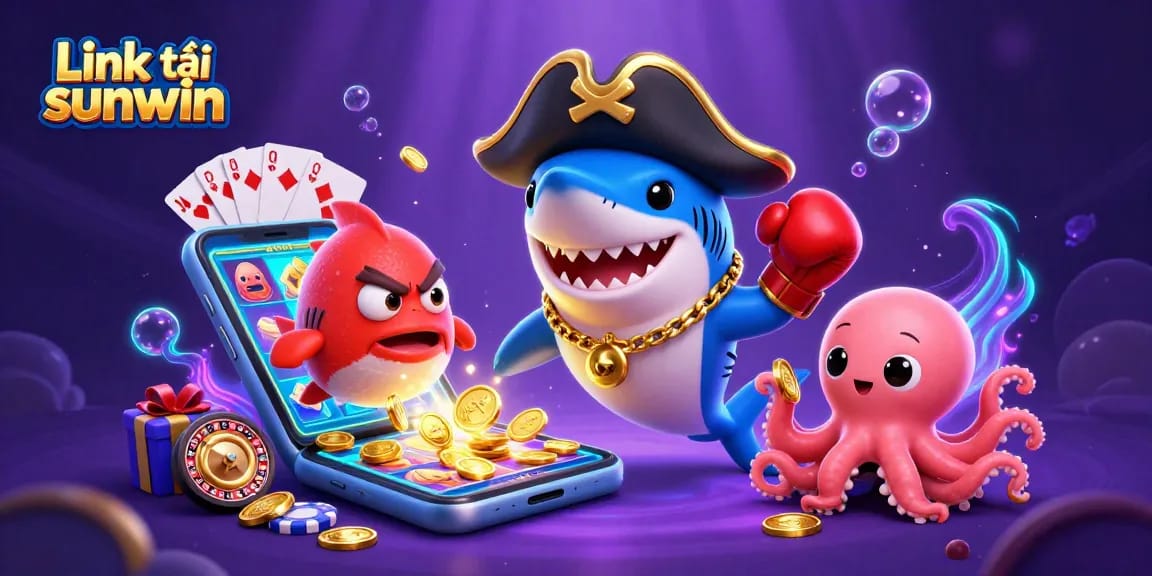 Get the latest Link tải sunwin with a vibrant casino-themed illustration featuring cartoon characters.