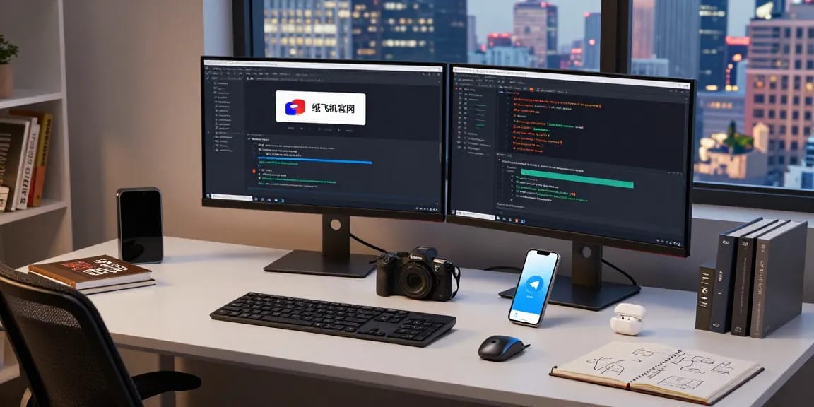 Interactive tech workspace for developing 纸飞机官网 features, showcasing coding and digital communication tools in a modern environment.