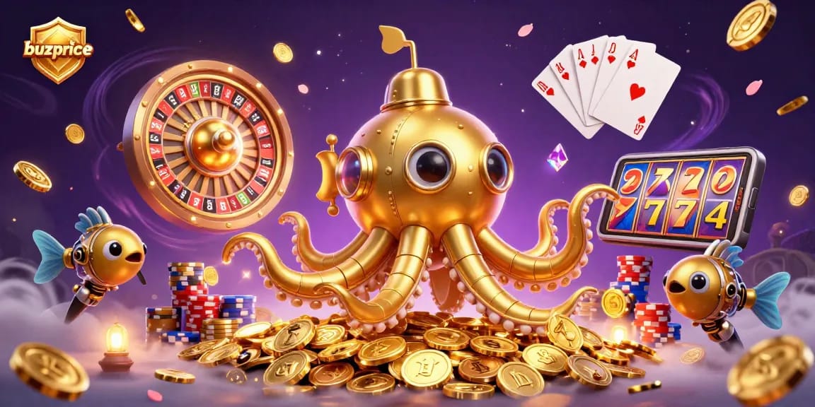 Buzprice presents an exciting scene featuring a golden kraken submarine among casino riches.