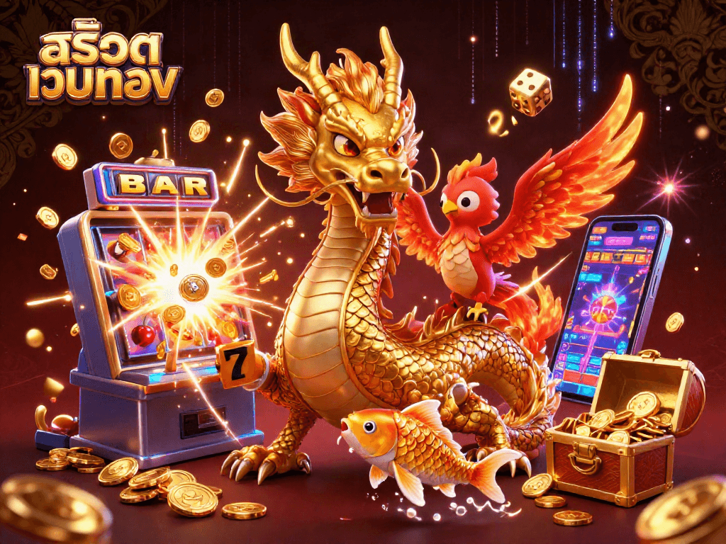 Experience สล็อตเว็บตรง with a fierce dragon and vibrant casino elements in this detailed 3D illustration.