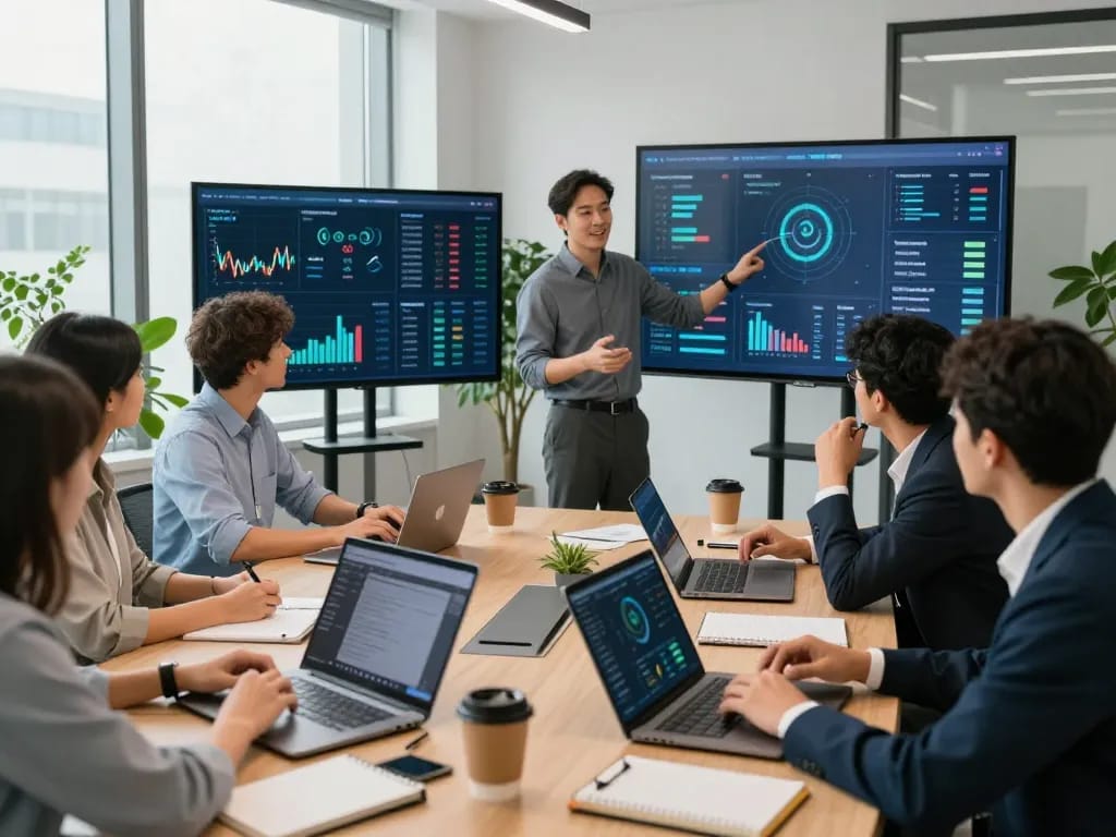 Collaboration among analysts discussing innovative iodefi services in a modern office environment.