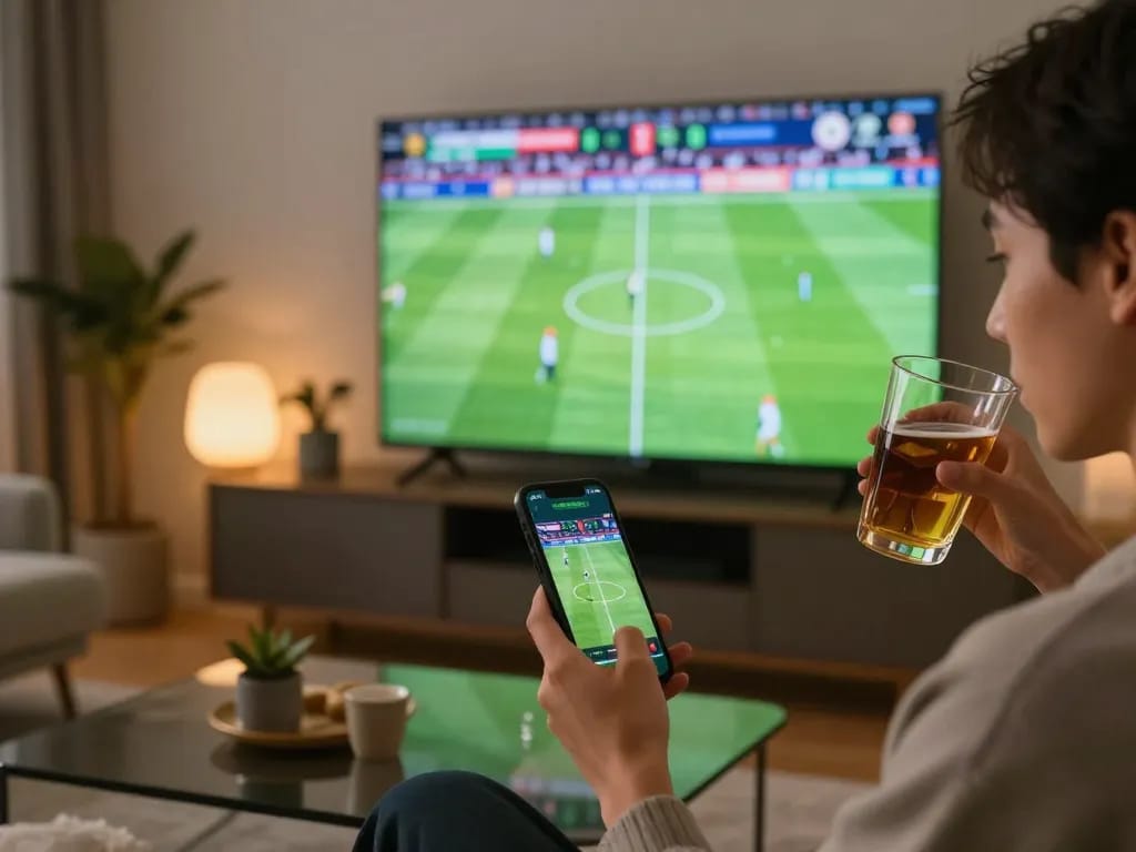 Engaged bettor using an app on smartphone for live sports betting on soc88 platform.