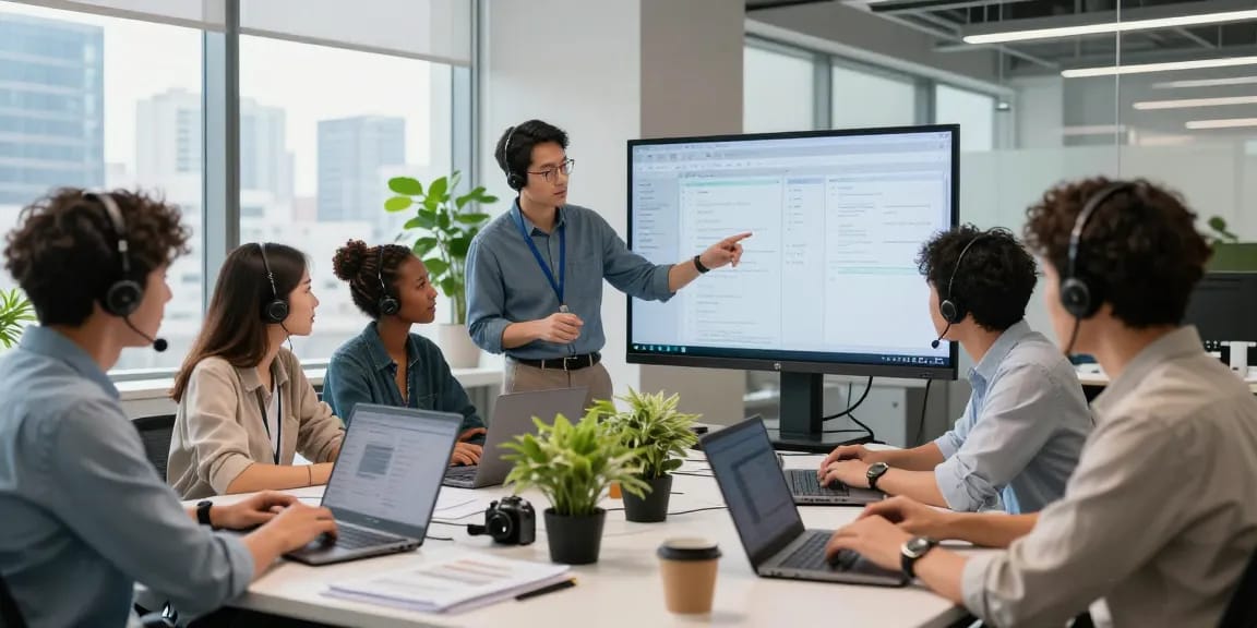 Team collaborating in a modern office showcasing business it support londor with technology and teamwork elements.