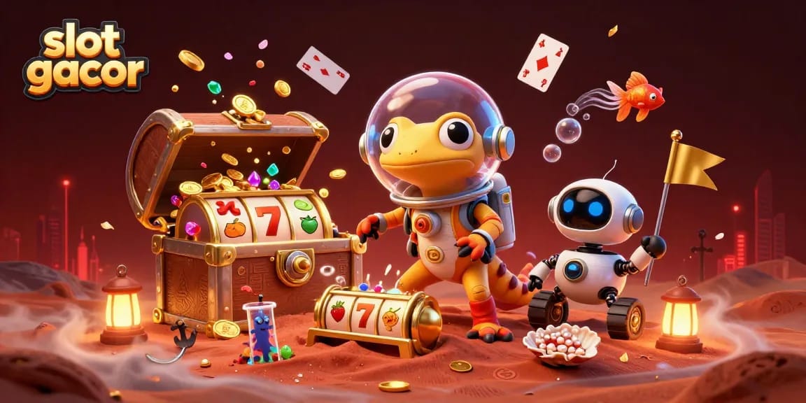 Slot gacor beraksi dengan simbol buah dan jackpot di kasino yang terpendam.
