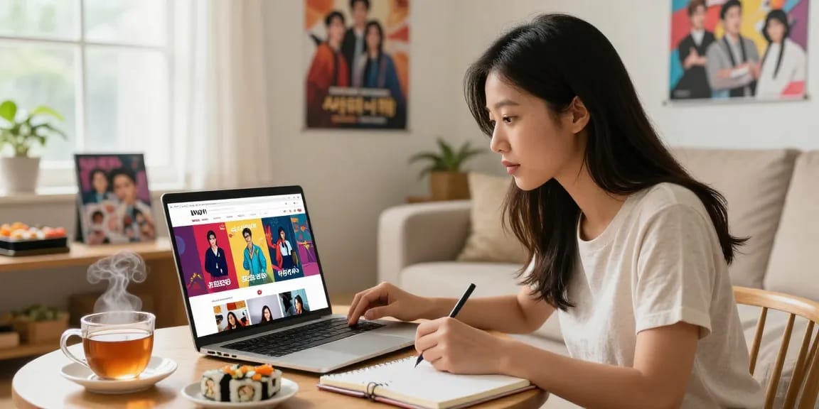 Engaging with Asian cultural content on https://hanadultalk.com in a cozy living room.