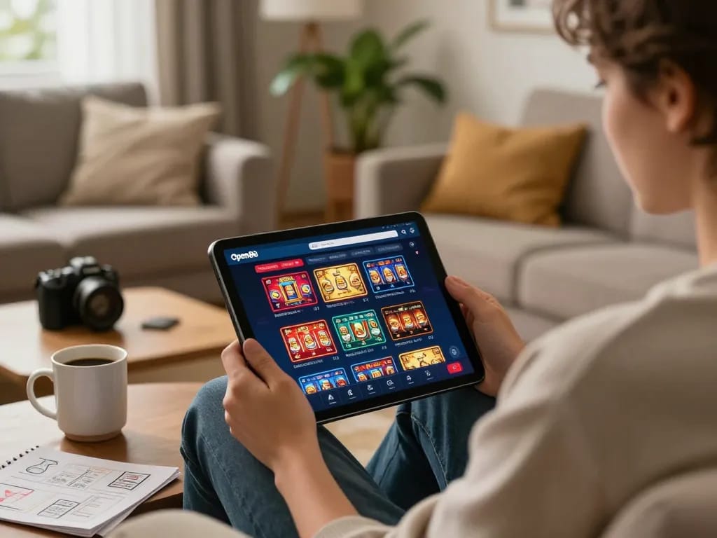 Player engaging with the open88 trang chủ casino app on a tablet in a cozy setting